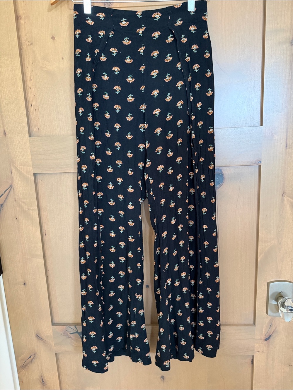 Billabong Black Wide Leg Pants with Small Orange Floral Print Side Slit Wrapover